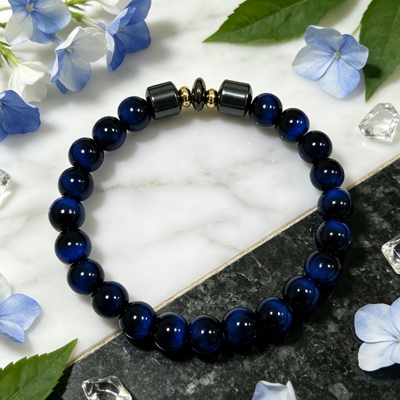 Men's Deep Blue Round Bead Elastic Bracelet, Casual Wear